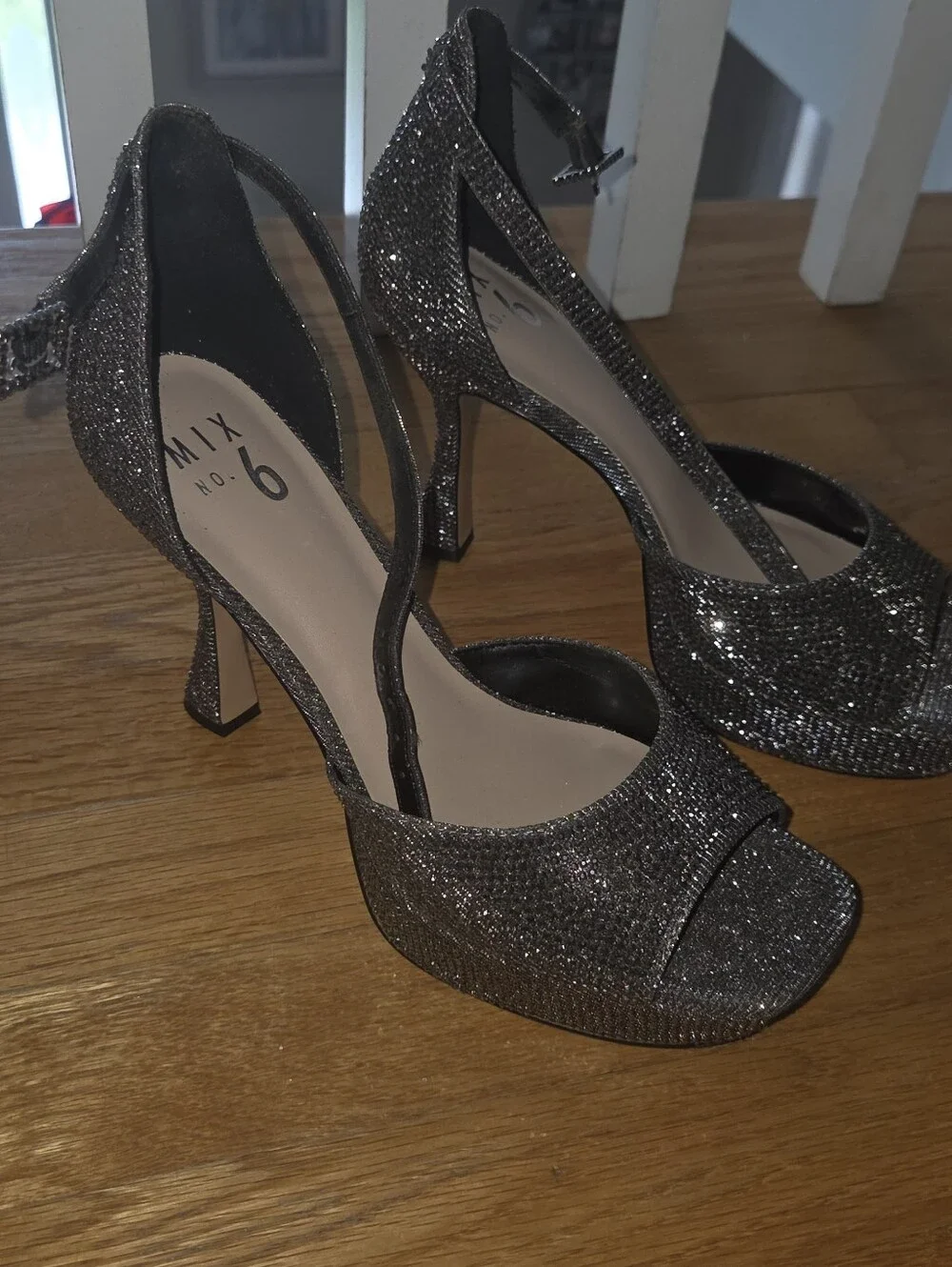 Mix No. 6 Gunmetal Glitter Strappy Peep-Toe Heels